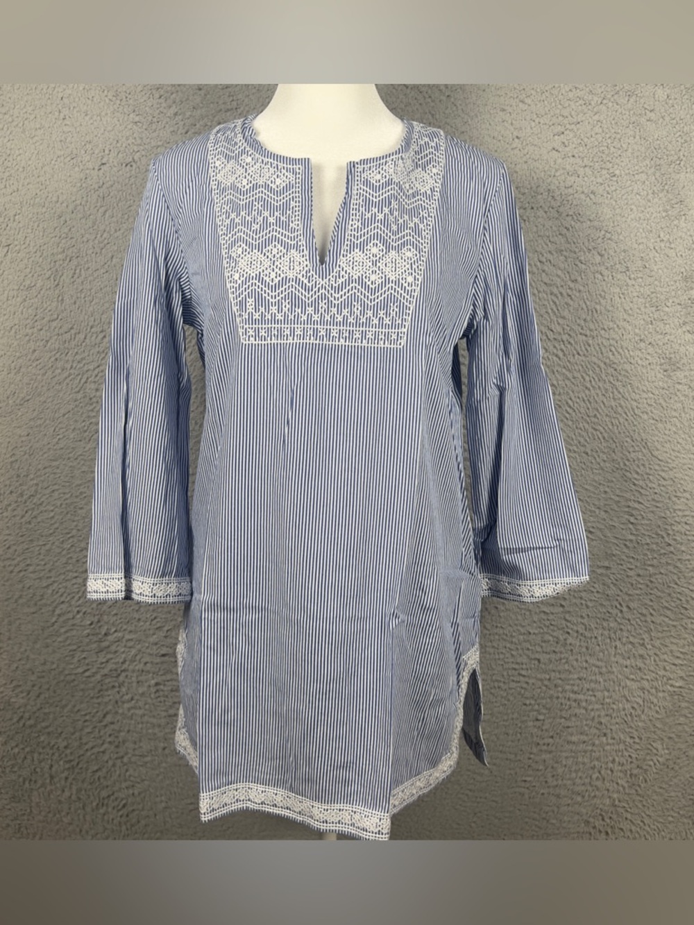 J McLaughlin Top Women Small Blue White Striped Embroidered Tunic Preppy Casual